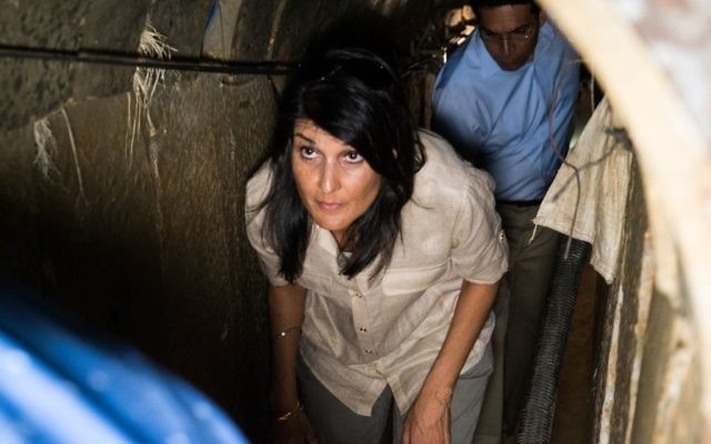 US Ambassador to the UN Nikki Haley tours a Hamas-dug tunnel near Kibbutz Ein Hashlosha, June 8, 2017 with Israels envoy to the UN, Danny Danon, walking behind her. (IDF) US Ambassador to the UN Nikki Haley tours a Hamas-dug tunnel near Kibbutz Ein Hashlosha, June 8, 2017 with Israels envoy to the UN, Danny Danon, walking behind her. (IDF)