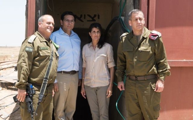 US Ambassador to the UN Nikki Haley with Israel's envoy to the UN, Danny Danon (to her left), and IDF Deputy Chief of Staff, Maj. Gen. Aviv Kochavi, (far right), June 8, 2017. (IDF) US Ambassador to the UN Nikki Haley with Israel's envoy to the UN, Danny Danon (to her left), and IDF Deputy Chief of Staff, Maj. Gen. Aviv Kochavi, (far right), June 8, 2017. (IDF)