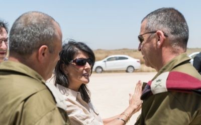 US Ambassador to the UN Nikki Haley speaks to IDF Deputy Chief of Staff, Maj. Gen. Aviv Kochavi, near a Hamas-dug tunnel near Kibbutz Ein Hashlosha, June 8, 2017. (IDF)