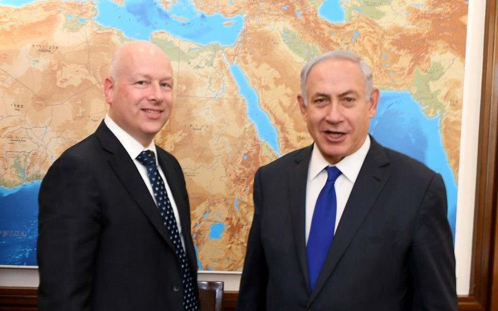 Prime Minister Benjamin Netanyahu, right, meets with US peace envoy Jason Greenblatt in Jerusalem, June 20, 2017. (Courtesy/Matty Stern/US Embassy Tel Aviv)
