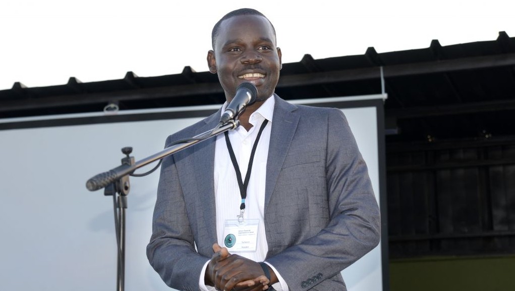 Taj Haroun, 29, the leader of the African Student Organization, talks about getting two degrees in Israel at the launch of the ASO in Tel Aviv on June 21, 2017. (courtesy Eli Tesma)