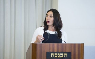 Culture and Sports Minister Miri Regev speaks during a ceremony at the Knesset, April 26, 2017. (Yonatan Sindel/Flash90)