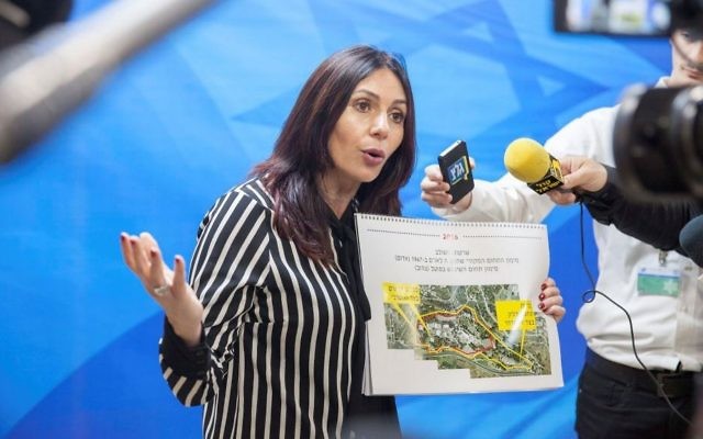 Culture Minister Miri Regev speaks with the press before the weekly cabinet meeting at the Prime Minister Office in Jerusalem on May 7, 2017. (Emil Salman/Pool/Flash90) Culture Minister Miri Regev speaks with the press before the weekly cabinet meeting at the Prime Minister Office in Jerusalem on May 7, 2017. (Emil Salman/Pool/Flash90)