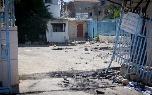 View of a police station in the Israeli Arab town of Kafr Qassem, which was set attacked during riots, June 06, 2017. (FLASH90) 