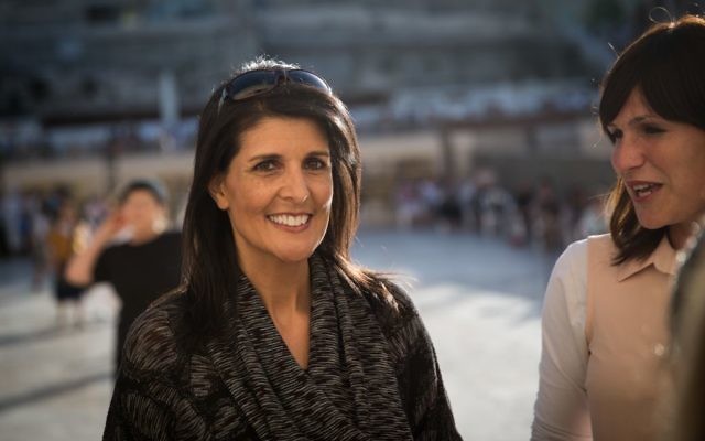 United States Ambassador to the UN, Nikki Haley, visits the Western Wall in Jerusalem's Old City, during her visit to Israel, on June 7, 2017. (Hadas Parush/ Flash90) United States Ambassador to the UN, Nikki Haley, visits the Western Wall in Jerusalem's Old City, during her visit to Israel, on June 7, 2017. (Hadas Parush/ Flash90)