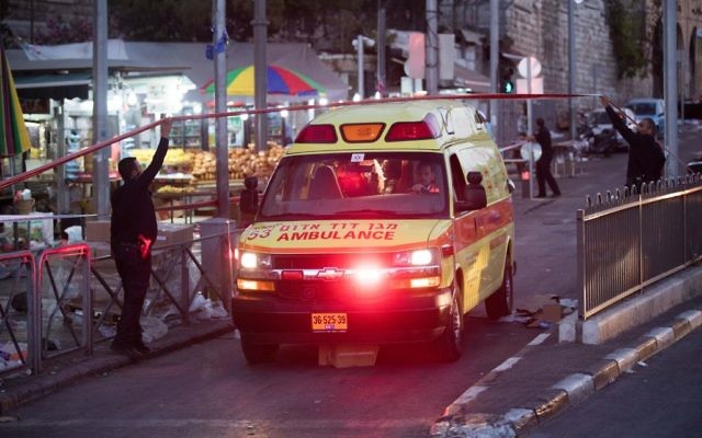 Illustrative. An ambulance leaving the scene of a terror attack near Damascus Gate in Jerusalem on June 16, 2017. (Yonatan Sindel/Flash90) Illustrative. An ambulance leaving the scene of a terror attack near Damascus Gate in Jerusalem on June 16, 2017. (Yonatan Sindel/Flash90)