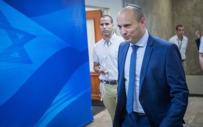 Education Minister Naftali Bennett arrives at the weekly cabinet meeting at the Prime Minister Office in Jerusalem on June 18, 2017. (Yonatan Sindel/Flash90)