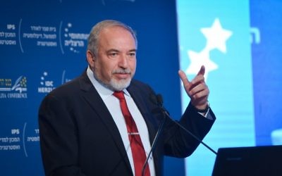 Defense Minister Avigdor Liberman speaks at the Herzliya Conference at the Interdisciplinary Center Herzliya, June 22, 2017. (Flash90)