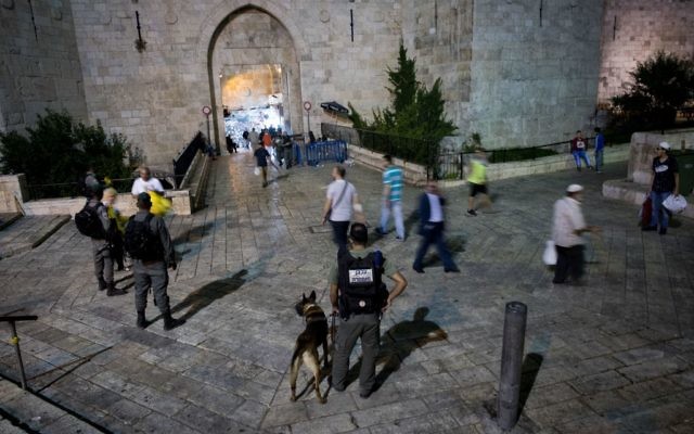 Israeli security forces standing guard outside Damascus Gate, in Jerusalem's Old City on June 22, 2017. (Yonatan Sindel/Flash90) Israeli security forces standing guard outside Damascus Gate, in Jerusalem's Old City on June 22, 2017. (Yonatan Sindel/Flash90)