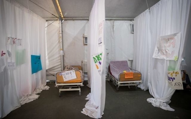 View of the Hema-ontology protest tent in Sacher Park, Jerusalem, June 25, 2017. (Yonatan Sindel/Flash90) 