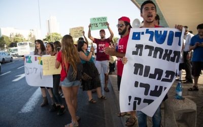 Parents and supporters of young cancer patients from the hemato-ontology department at Hadassah Hospital Ein Kerem protest against Health Minister Yaakov Litzman and the hospital's CEO Zeev Rotstein in Jerusalem on June 27, 2017. (Yonatan Sindel/Flash90) 