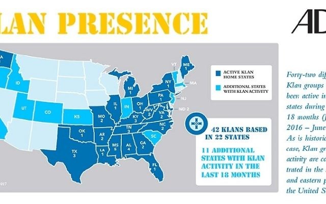 An ADL graphic showing KKK presence across the US, June 2017. (ADL)