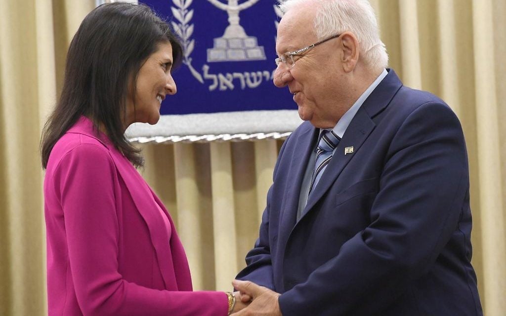 UN Ambassador to the UN Nikki Haley meets with President Rivlin in Jerusalem, June 7, 2017 (Mark Neiman/GPO)