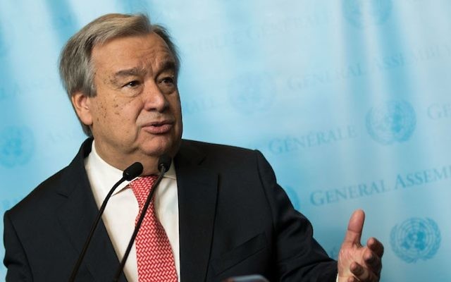 UN Secretary-General Antonio Guterres speaking to reporters at the U.N. headquarters in New York, Dec. 12, 2016. (Drew Angerer/Getty Images via JTA) UN Secretary-General Antonio Guterres speaking to reporters at the U.N. headquarters in New York, Dec. 12, 2016. (Drew Angerer/Getty Images via JTA)