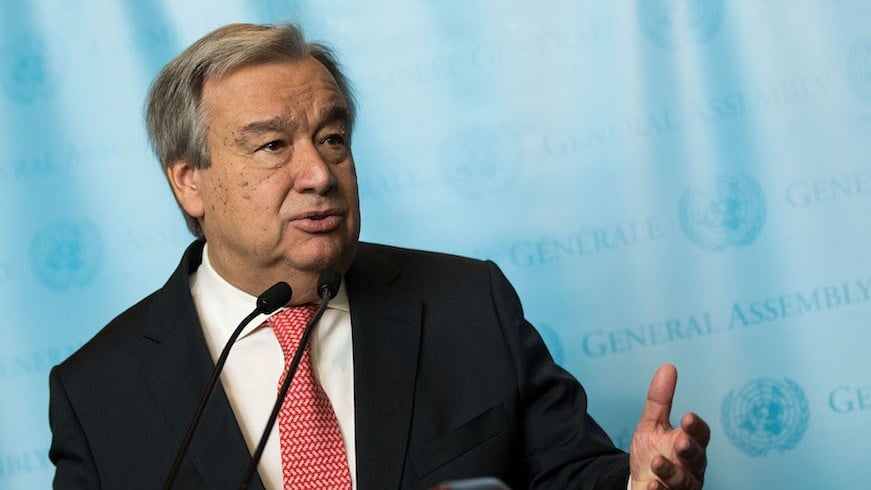 UN Secretary-General Antonio Guterres speaking to reporters at the U.N. headquarters in New York, Dec. 12, 2016. (Drew Angerer/Getty Images via JTA) UN Secretary-General Antonio Guterres speaking to reporters at the UN headquarters in New York, Dec. 12, 2016. (Drew Angerer/Getty Images via JTA)