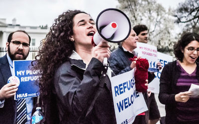 Activist Michele Freed, center, with other young professionals in front of the White House, March 1, 2017, at an event organized by HIAS. (Katie Jett Walls/via JTA)