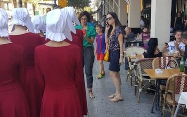 Handmaids near the Habima national theater in Tel Aviv, Israel, June 22, 2017. (Courtesy of HOT) 