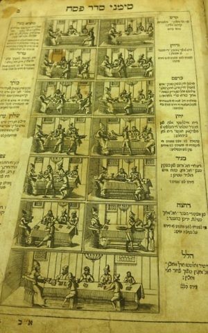 A wine-stained page from the ancient haggadah in the Schneerson Collection. (Courtesy)