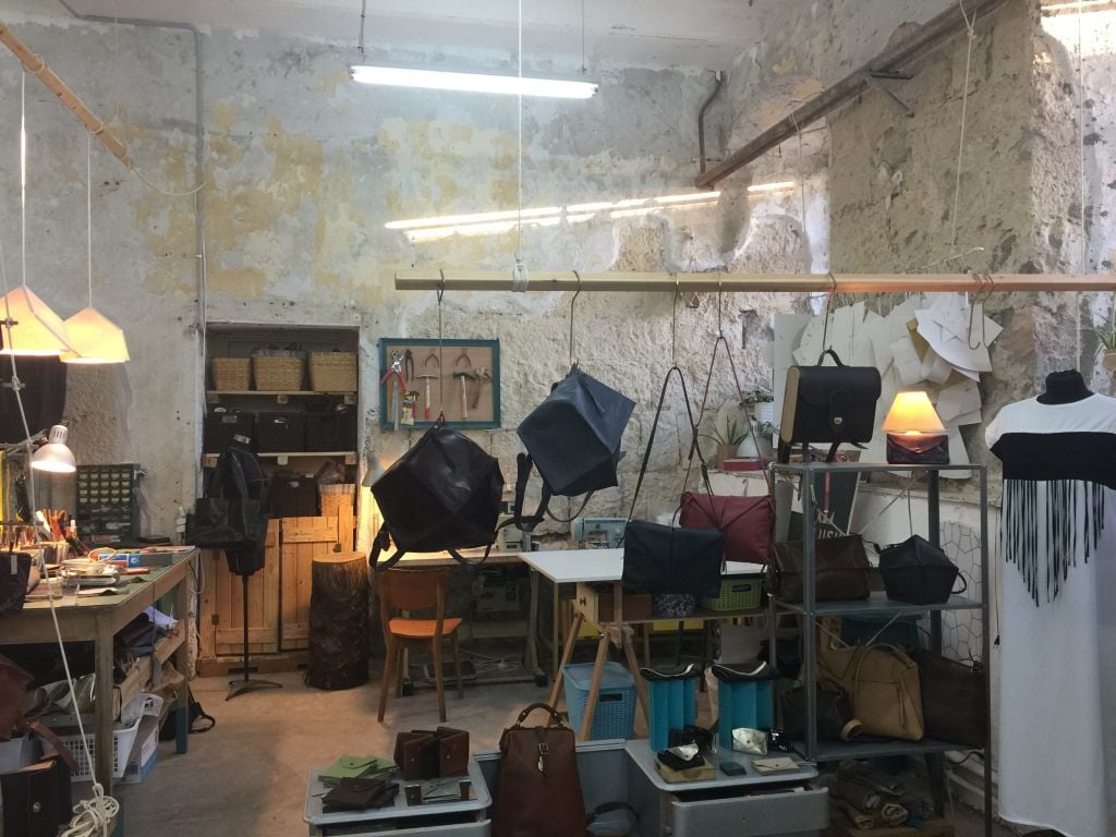 Alush leather works made by Ella Alush, the Bezalel-trained designer sharing studio and store space at Beit Alliance (Jessica Steinberg/Times of Israel)