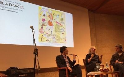Moderator Evan Fallenberg (left) skillfully guided an hour-long conversation with writer and illustrator Maira Kalman and writer Etgar Keret on Tuesday night, June 6 at Jerusalem's Mishkenot Sha'ananim (Jessica Steinberg/Times of Israel)