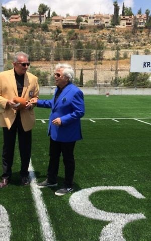 Joe Montana and Robert Kraft at the newly inaugurated Kraft Family Sports Campus in Jerusalem (Jessica Steinberg/Times of Israel)