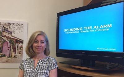 Fern Oppenheim, the co-founder of Brand Israel Group, presents a recent report, 'Sounding the Alarm: The American-Israeli Relationship,' June 20, 2017. (Amanda Borschel-Dan/Times of Israel)