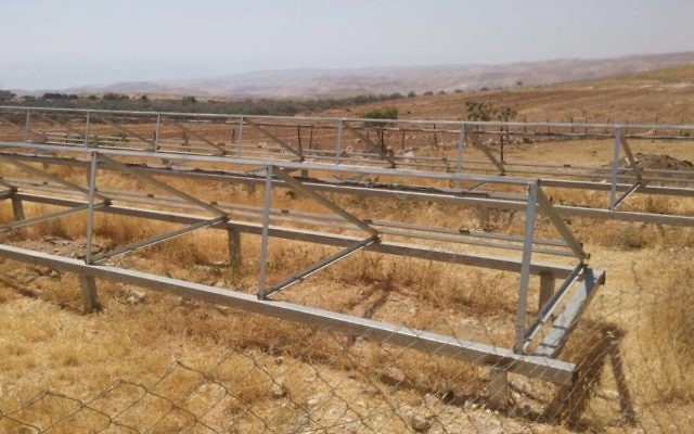 The remains of solar panels in the Palestinian village of Jubbet al-Dhib after they were dismantled by Israeli authorities on June 28, 2017. (Ta'ayush, courtesy) The remains of solar panels in the Palestinian village of Jubbet al-Dhib after they were dismantled by Israeli authorities on June 28, 2017. (Ta'ayush, courtesy)