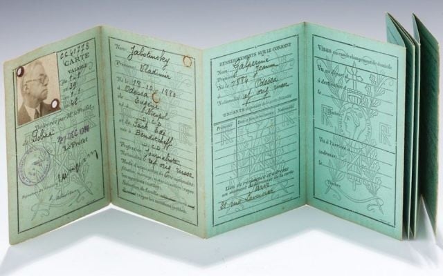 The refugee card belonging to Zeev Jabotinsky that sold for $20,000 at a June 13, 2017 auction in New York. (Courtesy) The refugee card belonging to Zeev Jabotinsky that sold for $20,000 at a June 13, 2017 auction in New York. (Courtesy)