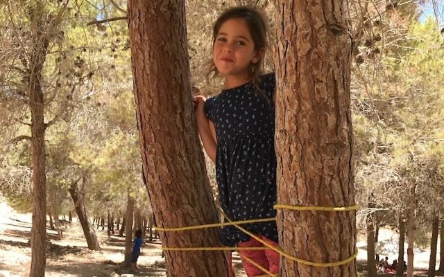 A girl standing on the ladder she built in Mitzpe Ramon, Israel, June 13, 2017. (Andrew Tobin)