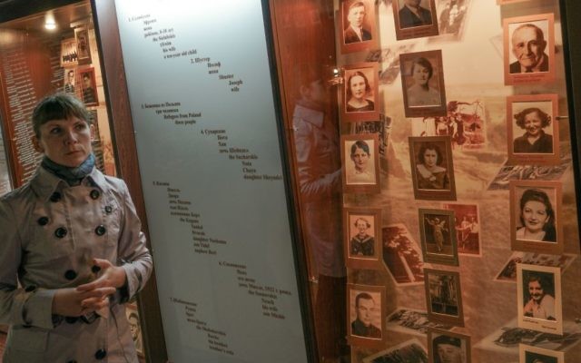 Marina Yarashuk, director of the Museum of Jewish Resistance of Novogrudak, at the museum on June 1, 2017. (Cnaan Liphshiz/JTA)