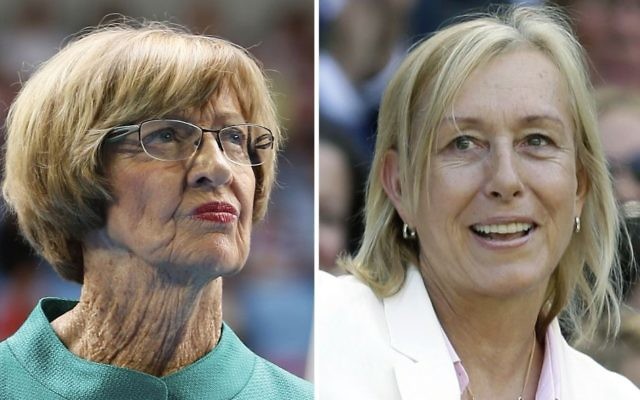 At left, in a Jan. 26, 2015, file photo, Australian tennis great Margaret Court looks on during the official launch of the remodeled Margaret Court Arena at the Australian Open tennis championship in Melbourne, Australia. At right, in a July 4, 2015, file photo, former Grand Slam champion Martina Navratilova watches from the royal box on Centre Court at the All England Lawn Tennis (AP/File) At left, in a Jan. 26, 2015, file photo, Australian tennis great Margaret Court looks on during the official launch of the remodeled Margaret Court Arena at the Australian Open tennis championship in Melbourne, Australia. At right, in a July 4, 2015, file photo, former Grand Slam champion Martina Navratilova watches from the royal box on Centre Court at the All England Lawn Tennis (AP/File)