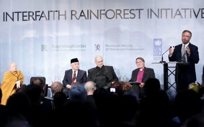 Rabbi David Rosen speaks during the Interfaith Rainforest Initiative in Oslo, Norway, June 19, 2017. (Lise Aserud/NTB Scanpix via AP)