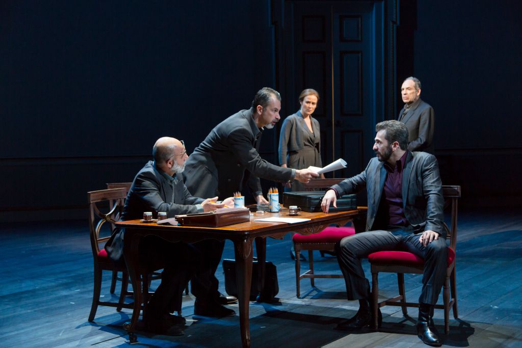 Anthony Azizi, Dariush Kashani, Jennifer Ehle, Michael Aronov and Daniel Oreskes, in 'OSLO.' (Courtesy) Anthony Azizi, Dariush Kashani, Jennifer Ehle, Michael Aronov and Daniel Oreskes, in 'OSLO.' (Courtesy)