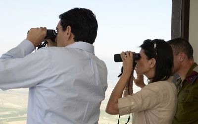 UN envoy Nikki Haley and Israeli Ambassador to the UN Danny Danon on the Lebanese border, June 8, 2017. (David Azagury/US Embassy Tel Aviv)