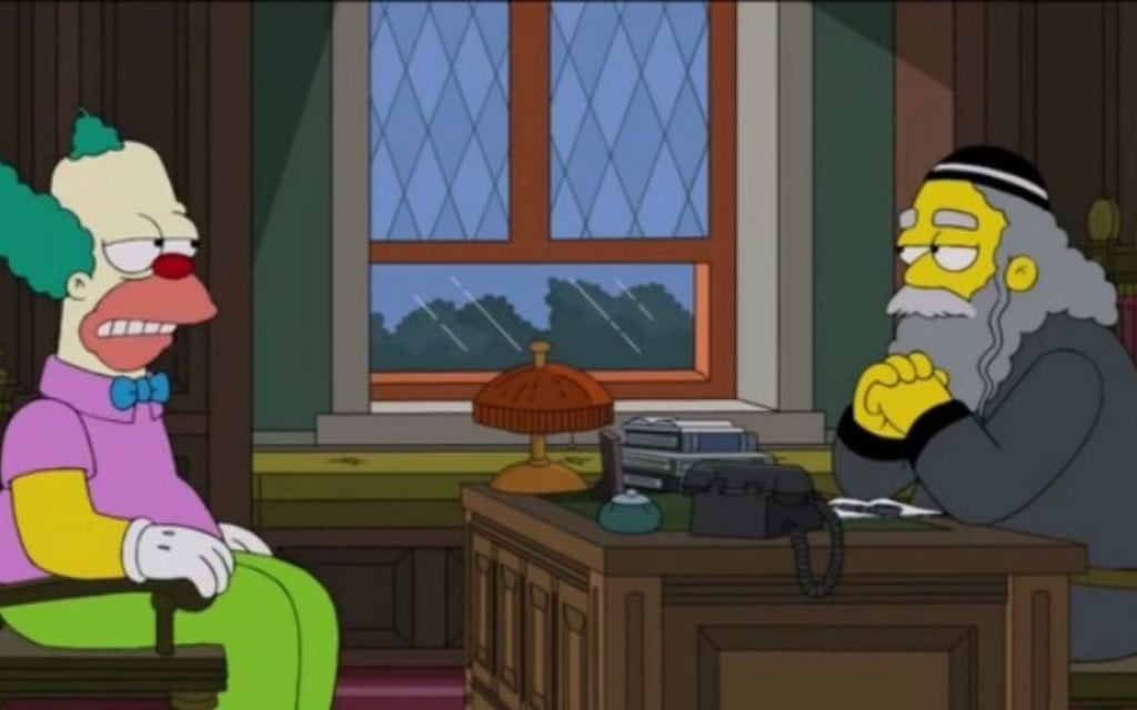Herschel 'Krusty' Krustovsky speaks with his father, Rabbi Krustovsky, voiced by Jackie Mason, in 'A Clown in the Dumps.' (Youtube Screenshot) Herschel 'Krusty' Krustovsky speaks with his father, Rabbi Krustovsky, voiced by Jackie Mason, in 'A Clown in the Dumps.' (Youtube Screenshot)