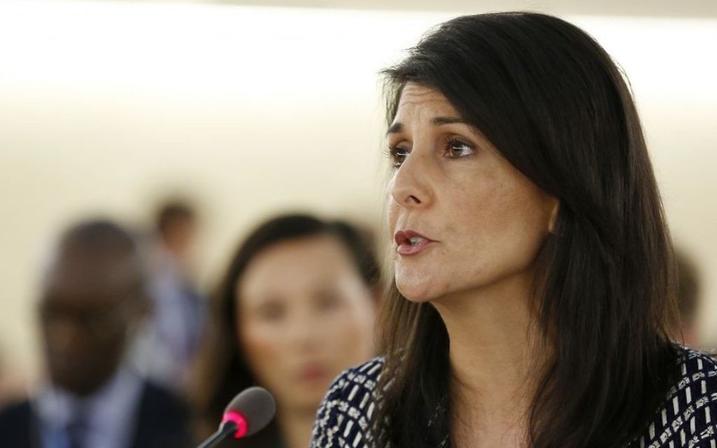 United States Ambassador to the United Nations Nikki Haley speaks at the opening of the 35th session of the Human Rights Council, at the European headquarters of the United Nations in Geneva, Switzerland, June 6, 2017. (Magali Girardin/Keystone via AP)