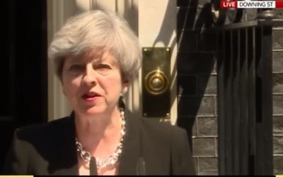 UK Prime Minister Theresa May makes a statement on the London mosque terror attack outside number 10 Downing Street, June 19, 2017. (Screen capture: YouTube)