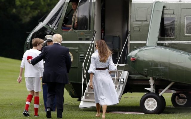 President Donald Trump, first lady Melania Trump, and their son Barron Trump board Marine One on the South Lawn of the White House in Washington, Saturday, June 17, 2017, en route to Camp David in Maryland. (AP/Carolyn Kaster) President Donald Trump, first lady Melania Trump, and their son Barron Trump board Marine One on the South Lawn of the White House in Washington, Saturday, June 17, 2017, en route to Camp David in Maryland. (AP/Carolyn Kaster)