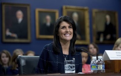 US Ambassador to the UN Nikki Haley testifying at the House State, Foreign Operations, and Related Programs subcommittee, June 27, 2017. (AP Photo/Andrew Harnik)