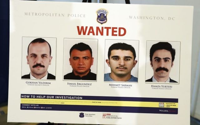 Pictures of people facing criminal charges are seen after a news conference in Washington, Thursday, June 15, 2017, about an May 16, 2017, altercation outside the Turkish Embassy in Washington during the visit of the Turkish president. (AP/Alex Brandon) Pictures of people facing criminal charges are seen after a news conference in Washington, Thursday, June 15, 2017, about an May 16, 2017, altercation outside the Turkish Embassy in Washington during the visit of the Turkish president. (AP/Alex Brandon)