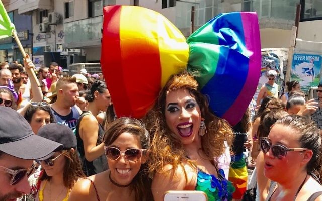 Revelers at the Tel Aviv Gay Pride Parade, June 9, 2017 (Miriam Herschlag) Revelers at the Tel Aviv Gay Pride Parade, June 9, 2017 (Miriam Herschlag)