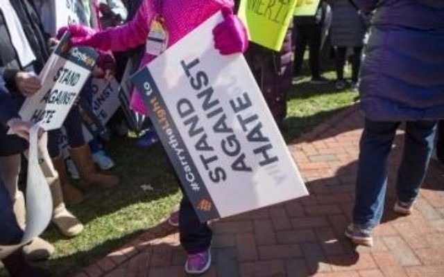 Illustrative: People demonstrate at a Stand Against Hate rally at Independence Mall on March 2, 2017 in Philadelphia, Pennsylvania. (Jessica Kourkounis/Getty Images/AFP) Illustrative: People demonstrate at a Stand Against Hate rally at Independence Mall on March 2, 2017 in Philadelphia, Pennsylvania. (Jessica Kourkounis/Getty Images/AFP)