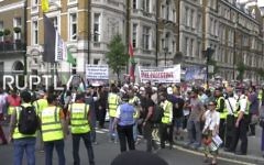 Hundreds of demonstrators march in support of Palestinians and Hezbollah in al-Quds Day March in London on June 28, 2017. (Screen capture: YouTube)