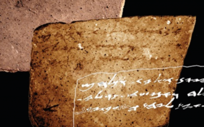 A collage including the verso of Arad Ostracon No. 16. (A) color (RGB) image; (B) MS image corresponding to 890 nm; (C) manual drawing (facsimile) of the proposed reading. Hollow shapes represent conjectured characters. (Courtesy Tel Aviv University)