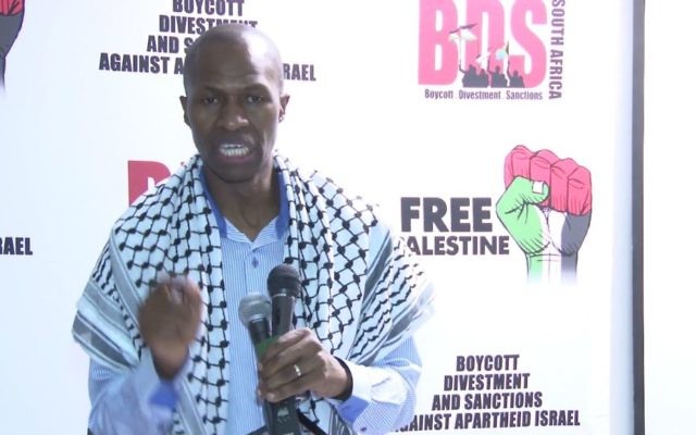 Senior South African trade unionist Bongani Masuku speaking at a BDS South Africa event in December, 2016. (Screen capture: YouTube) Senior South African trade unionist Bongani Masuku speaking at a BDS South Africa event in December, 2016. (Screen capture: YouTube)