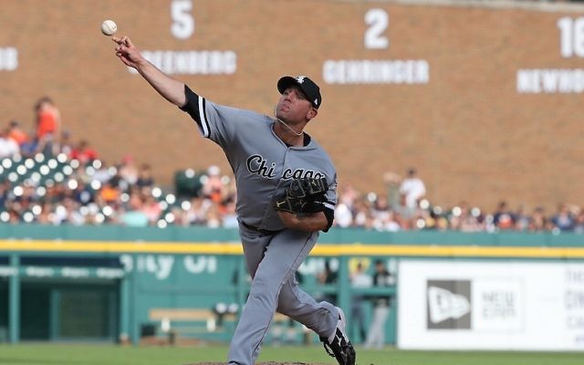 Brad Goldberg pitching for the Chicago White Sox during a game against the Detroit Tigers at Comerica Park in Detroit, June 3, 2017. (Leon Halip/Getty Images via JTA)
