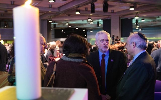 Illustrative: Labour Leader Jeremy Corbyn, second from right, speaks with guests during a National Holocaust Memorial Day event at the Queen Elizabeth II Conference Centre on January 26, 2017 in London, England. (Jack Taylor/Getty Images) Illustrative: Labour Leader Jeremy Corbyn, second from right, speaks with guests during a National Holocaust Memorial Day event at the Queen Elizabeth II Conference Centre on January 26, 2017 in London, England. (Jack Taylor/Getty Images)