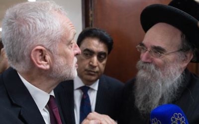 Labour leader Jeremy Corbyn talks to faith leaders at Finsbury Park Mosque on June 19, 2017 in London, England.  (Stefan Rousseau/WPA Pool/Getty Images via JTA)
