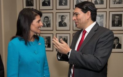 US Ambassador to the UN Nikky Haley talks with Israel's Ambassador to the UN Danny Danon at an undated event. (Shahar Azran)