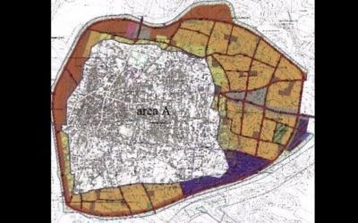 A map of the Palestinian city of Qalqilya. The colored area represents reported plans for expansion (Courtesy of Samaria Regional Council) A map of the Palestinian city of Qalqilya. The colored area represents reported plans for expansion (Courtesy of Samaria Regional Council)